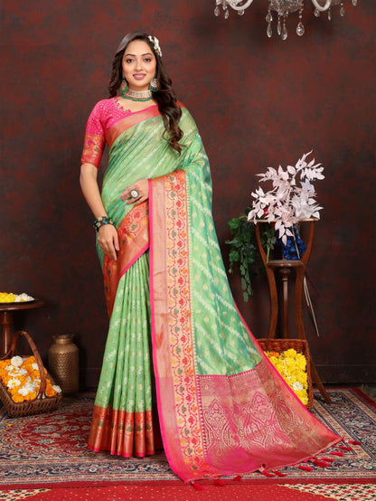 Light Green & Pink Color Women’s Zari Woven Designer Soft Organza Silk Saree and Rich Pallu Weawing Unstitched Blouse With Blouse Piece.