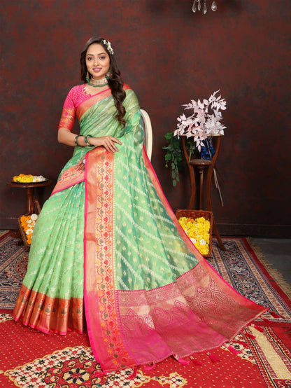 Light Green & Pink Color Women’s Zari Woven Designer Soft Organza Silk Saree and Rich Pallu Weawing Unstitched Blouse With Blouse Piece.