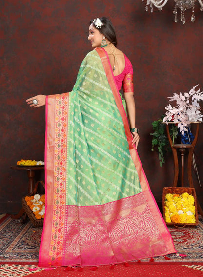 Light Green & Pink Color Women’s Zari Woven Designer Soft Organza Silk Saree and Rich Pallu Weawing Unstitched Blouse With Blouse Piece.