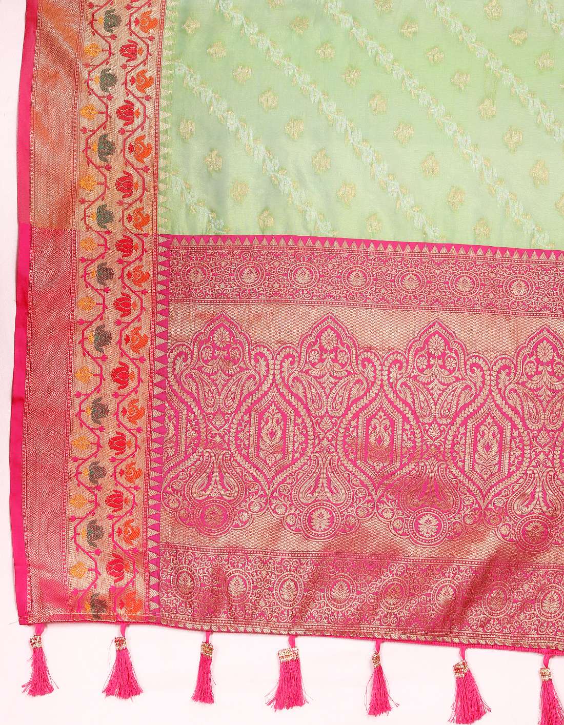 Light Green & Pink Color Women’s Zari Woven Designer Soft Organza Silk Saree and Rich Pallu Weawing Unstitched Blouse With Blouse Piece.