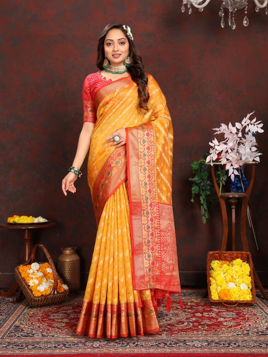 Mustered & Red Color Women’s Zari Woven Designer Soft Organza Silk Saree and Rich Pallu Weawing Unstitched Blouse With Blouse Piece.