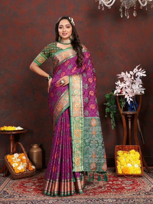 Purple & Green Women's Soft Patola Silk meenakari weawing motifs with Rich Zari Pallu and contrast border with Tessels.