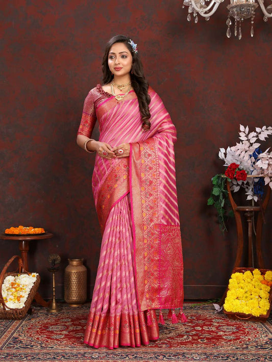 Light Pink & Red Color Women’s Zari Woven Designer Soft Organza Silk Saree and Rich Pallu Weawing Unstitched Blouse With Blouse Piece.