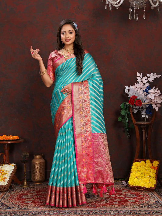 Light Blue & Pink Color Women’s Zari Woven Designer Soft Organza Silk Saree and Rich Pallu Weawing Unstitched Blouse With Blouse Piece.