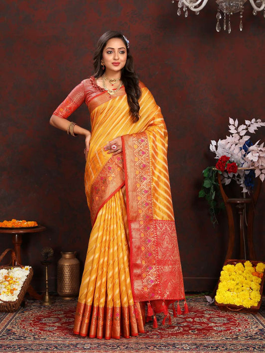 Mustered & Red Color Women’s Zari Woven Designer Soft Organza Silk Saree and Rich Pallu Weawing Unstitched Blouse With Blouse Piece.