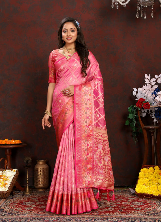 Light Pink & Red Color Women’s Zari Woven Designer Soft Organza Silk Saree and Rich Pallu Weawing Unstitched Blouse With Blouse Piece.