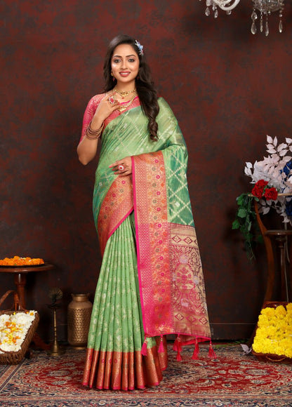 Light Green & Pink Color Women’s Zari Woven Designer Soft Organza Silk Saree and Rich Pallu Weawing Unstitched Blouse With Blouse Piece.