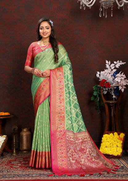 Light Green & Pink Color Women’s Zari Woven Designer Soft Organza Silk Saree and Rich Pallu Weawing Unstitched Blouse With Blouse Piece.