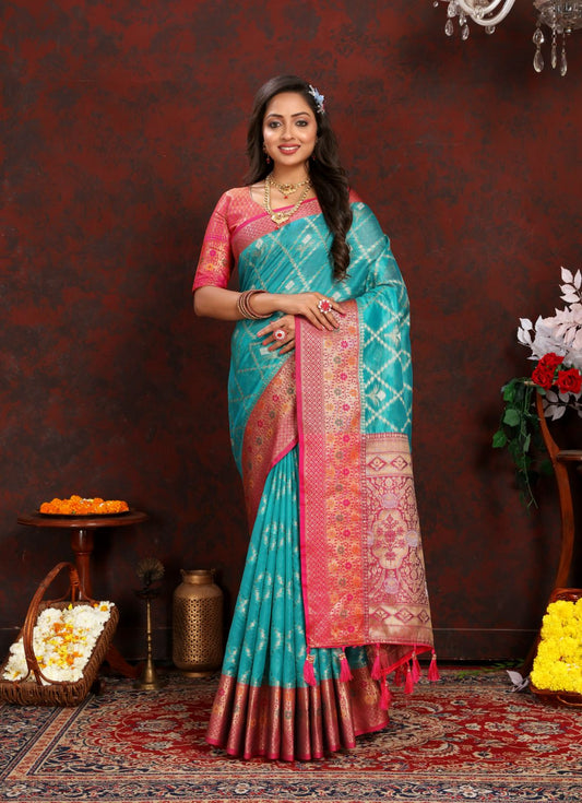 Light Blue & Pink Color Women’s Zari Woven Designer Soft Organza Silk Saree and Rich Pallu Weawing Unstitched Blouse With Blouse Piece.