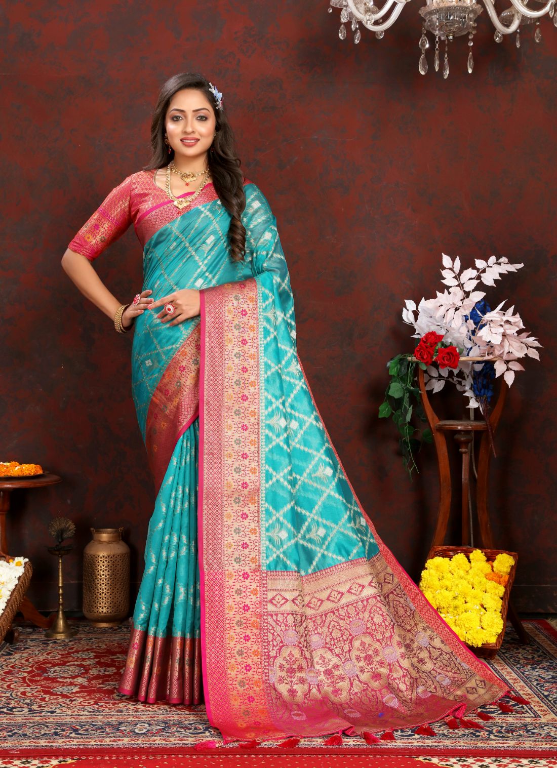 Light Blue & Pink Color Women’s Zari Woven Designer Soft Organza Silk Saree and Rich Pallu Weawing Unstitched Blouse With Blouse Piece.