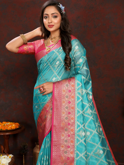 Light Blue & Pink Color Women’s Zari Woven Designer Soft Organza Silk Saree and Rich Pallu Weawing Unstitched Blouse With Blouse Piece.