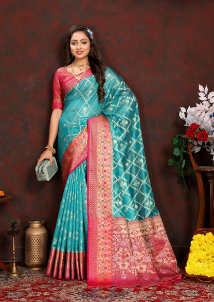 Light Blue & Pink Color Women’s Zari Woven Designer Soft Organza Silk Saree and Rich Pallu Weawing Unstitched Blouse With Blouse Piece.