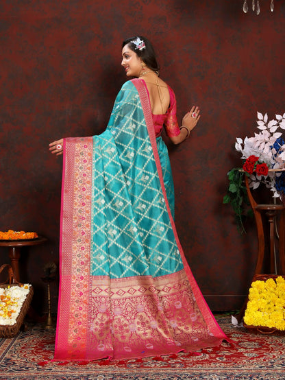 Light Blue & Pink Color Women’s Zari Woven Designer Soft Organza Silk Saree and Rich Pallu Weawing Unstitched Blouse With Blouse Piece.