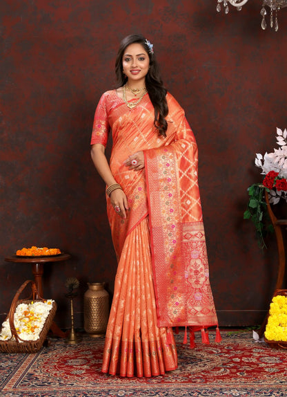 Orange & Red Color Women’s Zari Woven Designer Soft Organza Silk Saree and Rich Pallu Weawing Unstitched Blouse With Blouse Piece.