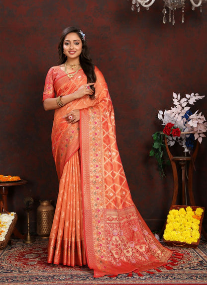 Orange & Red Color Women’s Zari Woven Designer Soft Organza Silk Saree and Rich Pallu Weawing Unstitched Blouse With Blouse Piece.