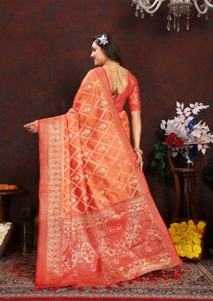 Orange & Red Color Women’s Zari Woven Designer Soft Organza Silk Saree and Rich Pallu Weawing Unstitched Blouse With Blouse Piece.