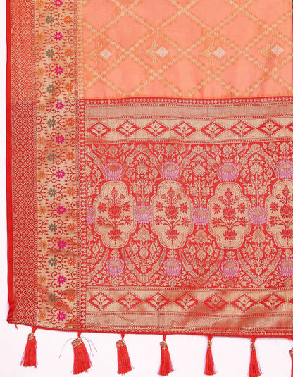 Orange & Red Color Women’s Zari Woven Designer Soft Organza Silk Saree and Rich Pallu Weawing Unstitched Blouse With Blouse Piece.