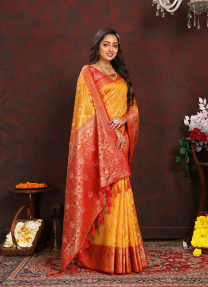 Mustered & Red Color Women’s Zari Woven Designer Soft Organza Silk Saree and Rich Pallu Weawing Unstitched Blouse With Blouse Piece.