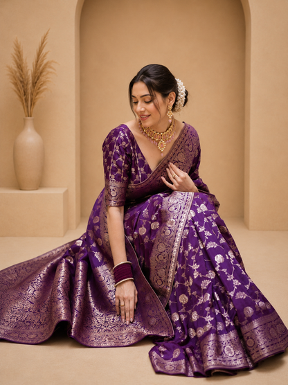KeKoVi Black Banarasi Silk Blend Saree with Rich Silver Zari Woven Border & Unstitched Blouse
