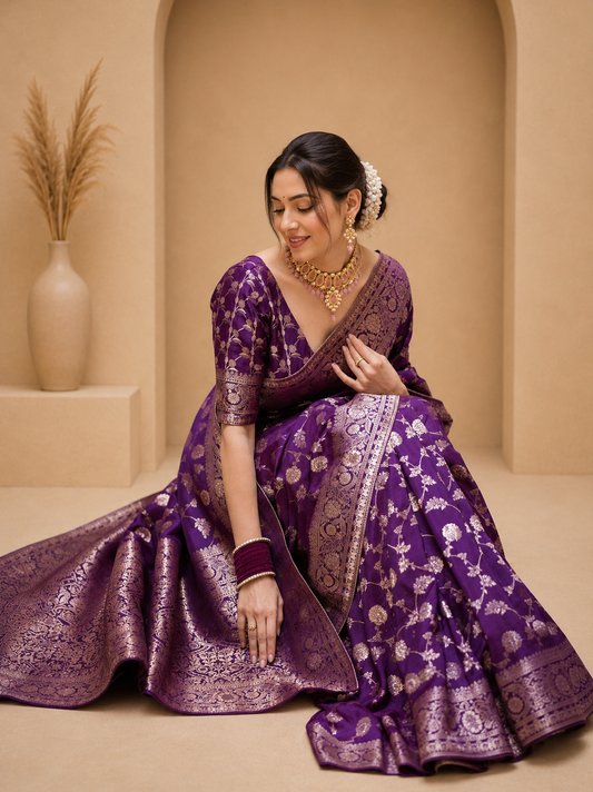 KeKoVi Black Banarasi Silk Blend Saree with Rich Silver Zari Woven Border & Unstitched Blouse