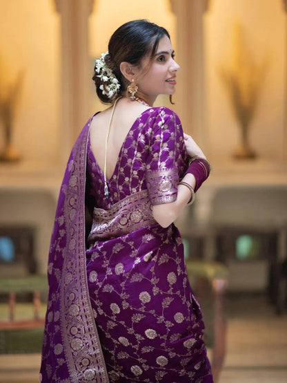 KeKoVi Black Banarasi Silk Blend Saree with Rich Silver Zari Woven Border & Unstitched Blouse