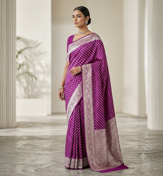KeKoVi Purple Woven Jacquard Silk Blend Saree with Elegant Silver Zari Border & Unstitched Blouse Piece