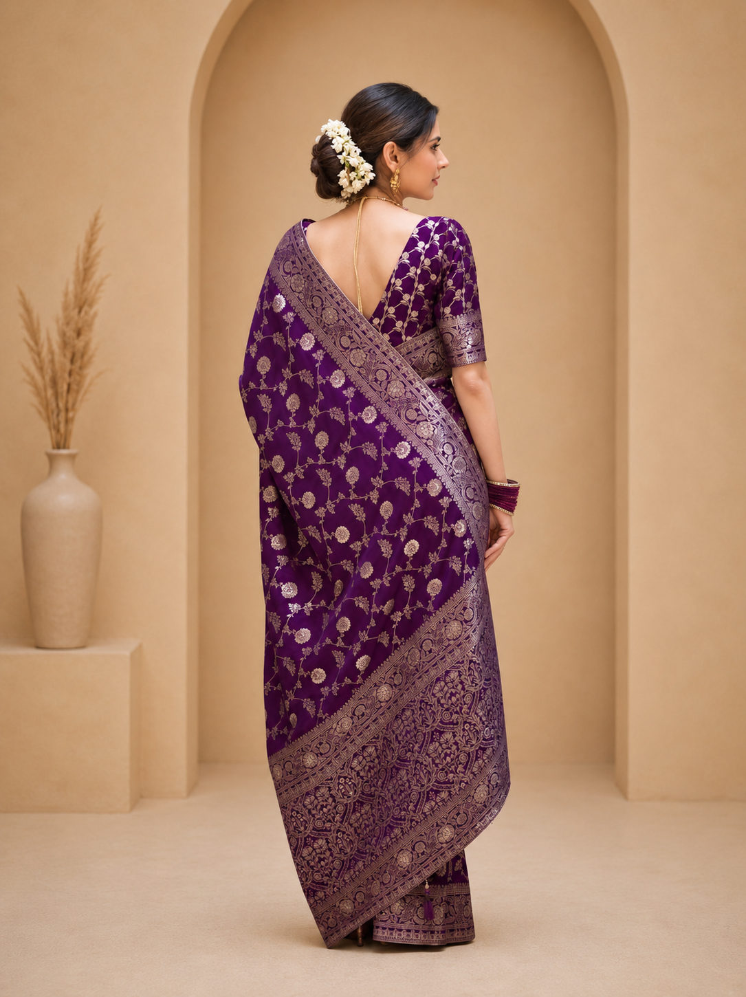 KeKoVi Black Banarasi Silk Blend Saree with Rich Silver Zari Woven Border & Unstitched Blouse