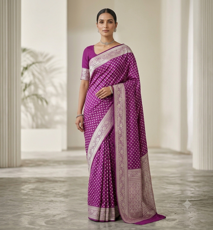 KeKoVi Purple Woven Jacquard Silk Blend Saree with Elegant Silver Zari Border & Unstitched Blouse Piece