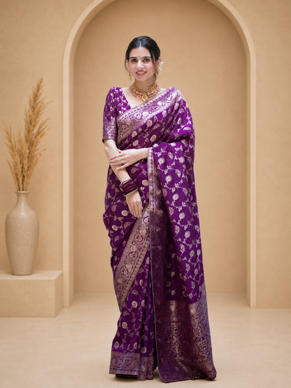 KeKoVi Black Banarasi Silk Blend Saree with Rich Silver Zari Woven Border & Unstitched Blouse