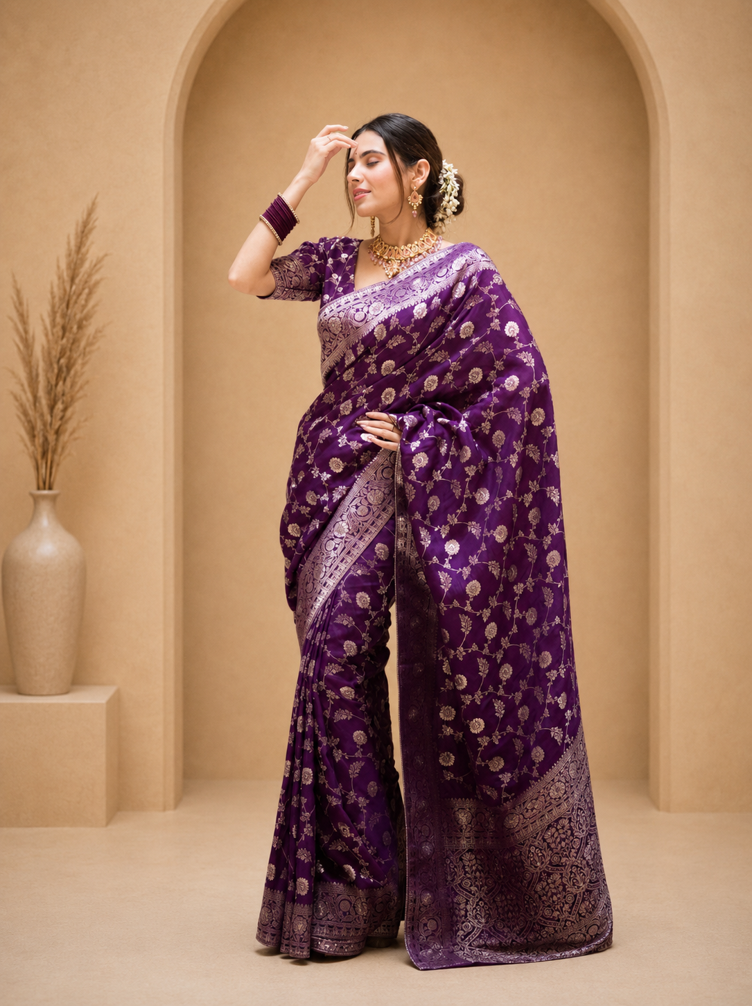 KeKoVi Black Banarasi Silk Blend Saree with Rich Silver Zari Woven Border & Unstitched Blouse