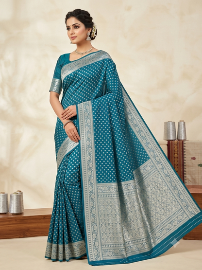 KeKoVi Purple Woven Jacquard Silk Blend Saree with Elegant Silver Zari Border & Unstitched Blouse Piece