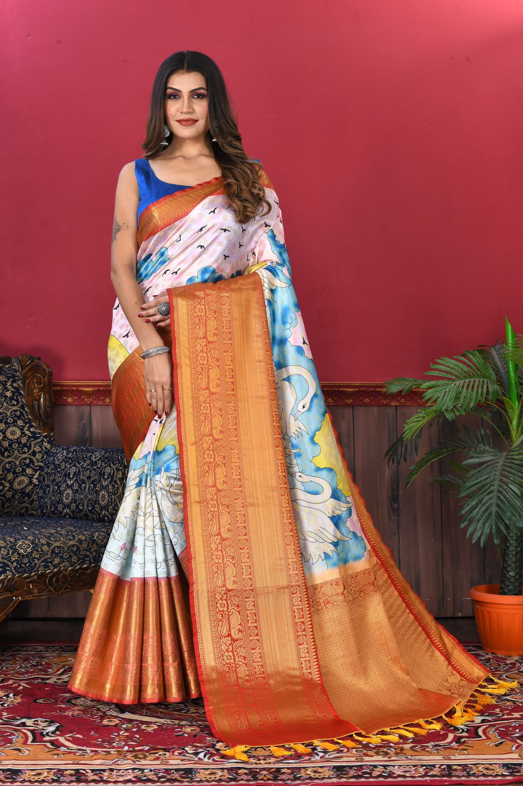 Soft Kanjivaram Silk Saree with Kalamkari Design