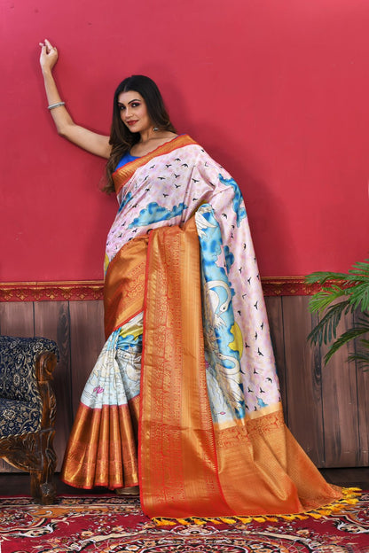 Soft Kanjivaram Silk Saree with Kalamkari Design