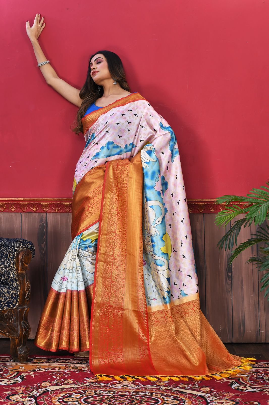 Soft Kanjivaram Silk Saree with Kalamkari Design