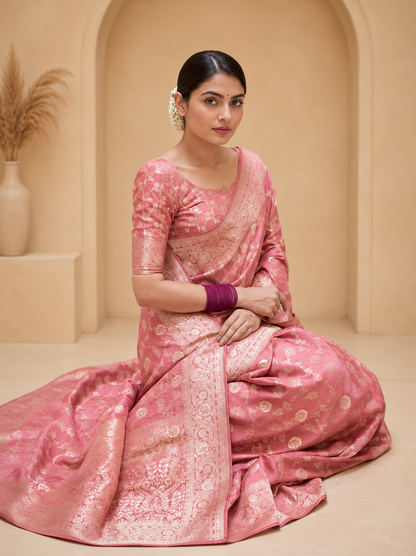 KeKoVi Black Banarasi Silk Blend Saree with Rich Silver Zari Woven Border & Unstitched Blouse
