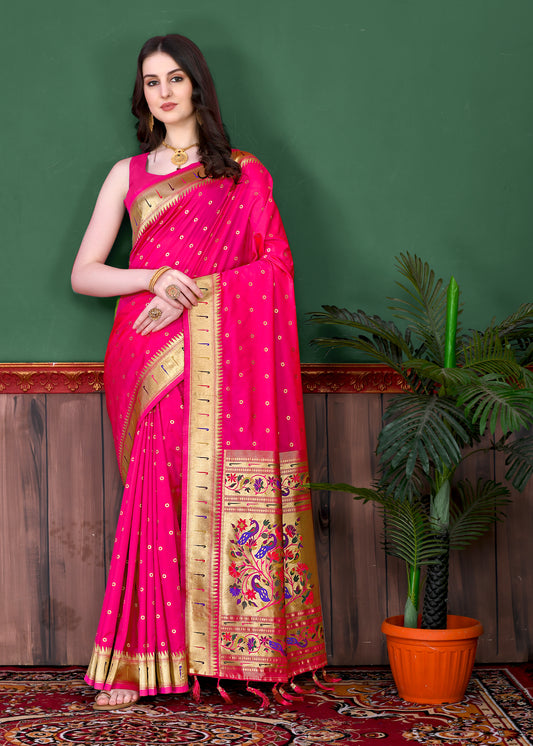 Soft Paithani Silk Saree with Gold Zari Weaving Motifs