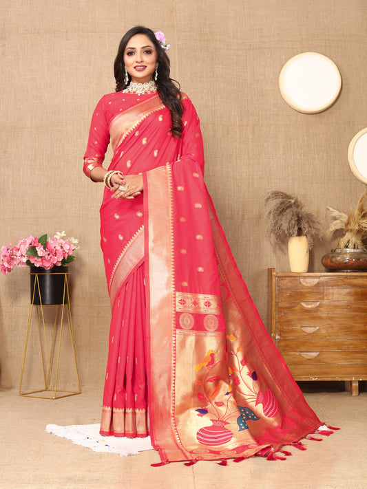 Soft Paithani Silk Saree with Zari Weaving Design.