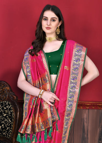 Soft Paithani Silk Saree with Gold Zari Weaving Motifs