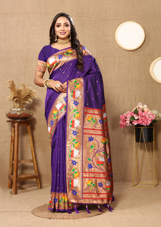 Soft Paithani Silk Saree with Meenakari Weaving Design.