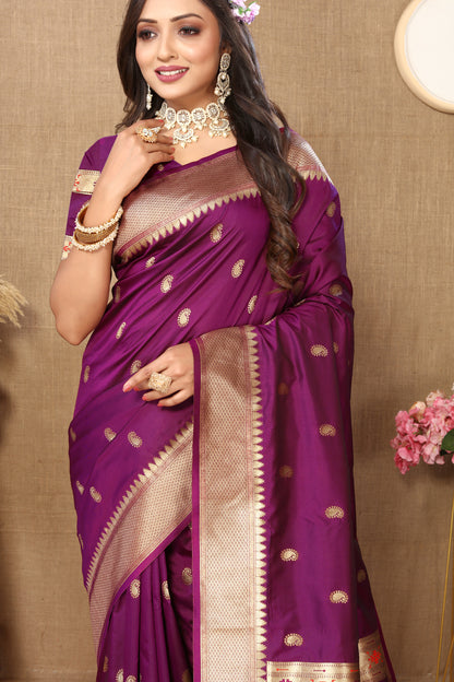 Soft Paithani Silk Saree with Zari Weaving Design.