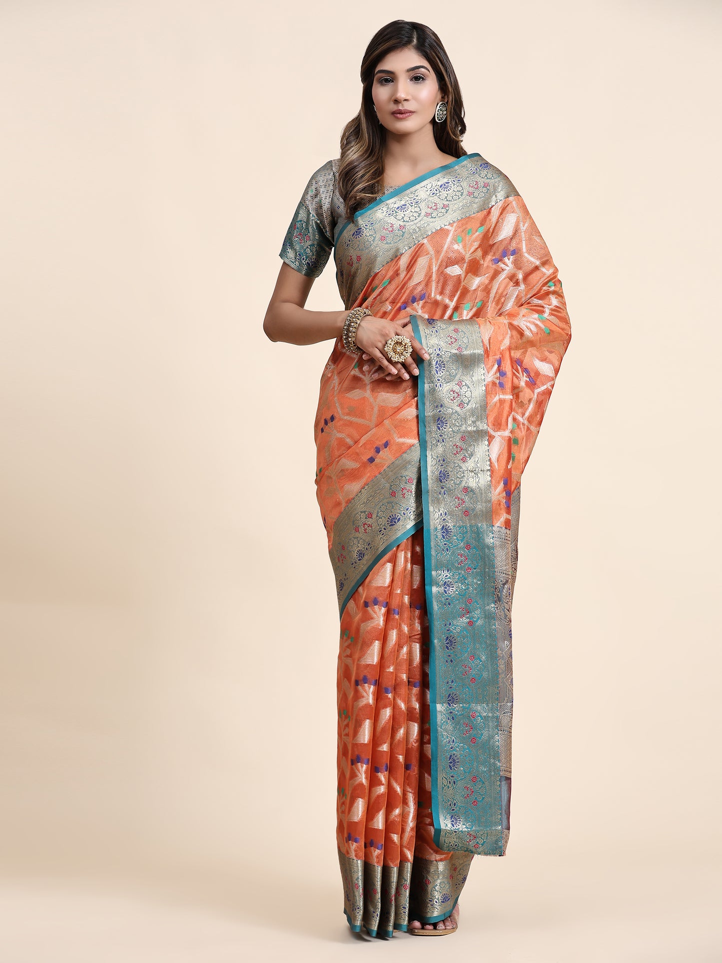 Soft Organza Silk saree with Meenakari  weawing design  and Rich Zari weawing Pallu with  zari weawing  border