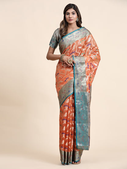 Soft Organza Silk saree with Meenakari  weawing design  and Rich Zari weawing Pallu with  zari weawing  border