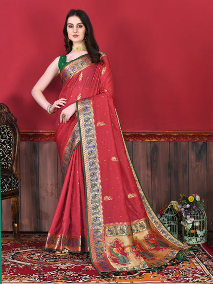 Soft Paithani Silk Saree with Gold Zari Weaving Motifs