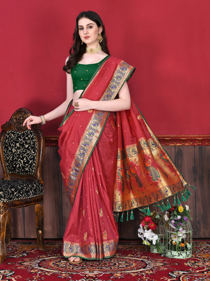 Soft Paithani Silk Saree with Gold Zari Weaving Motifs