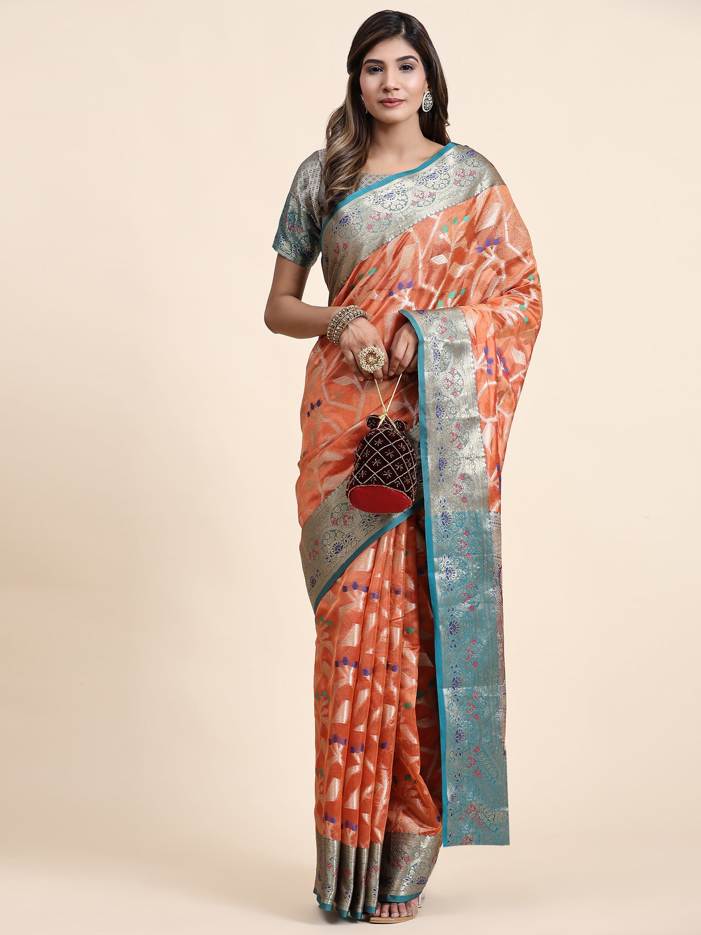 Soft Organza Silk saree with Meenakari  weawing design  and Rich Zari weawing Pallu with  zari weawing  border