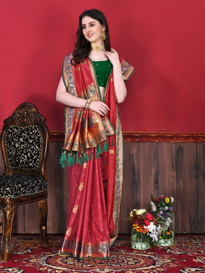 Soft Paithani Silk Saree with Gold Zari Weaving Motifs