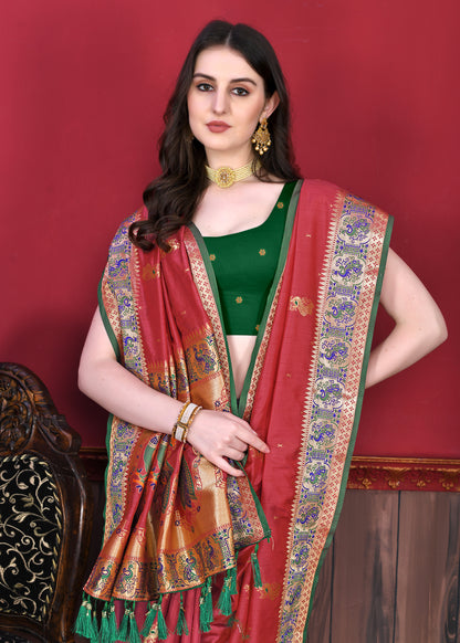 Soft Paithani Silk Saree with Gold Zari Weaving Motifs