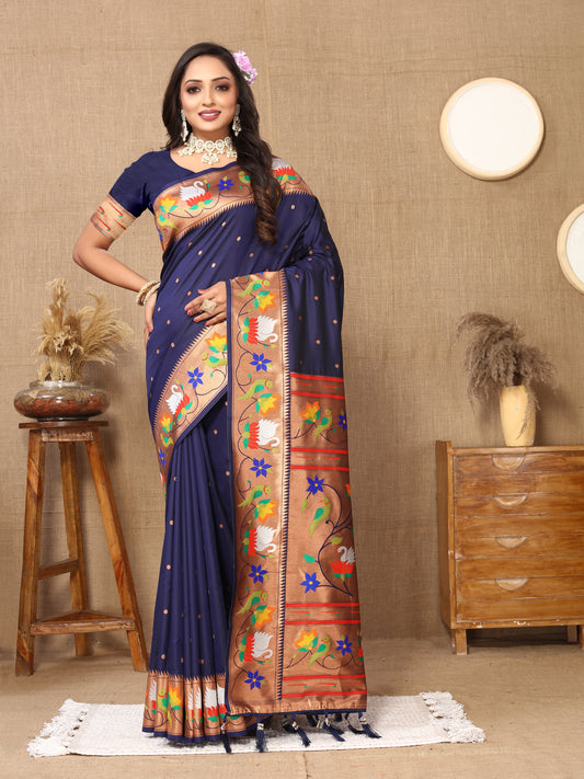 Soft Paithani Silk Saree with Meenakari Weaving Design.