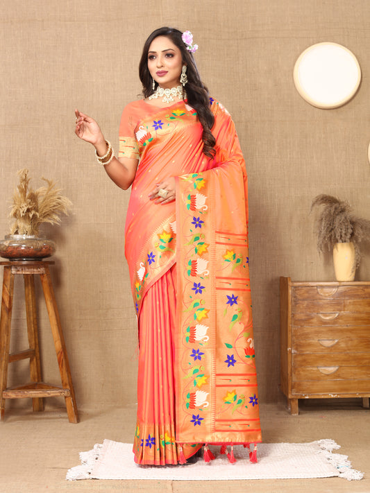 Soft Paithani Silk Saree with Meenakari Weaving Design.