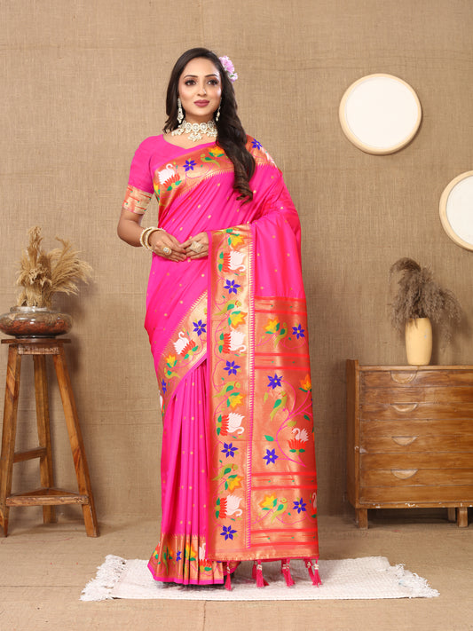 Soft Paithani Silk Saree with Meenakari Weaving Design.